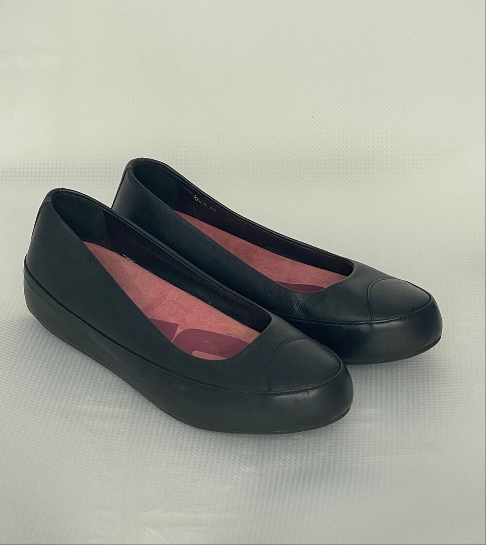 FitFlop Due Leather Black Platform Ballerina Shoes Size 37